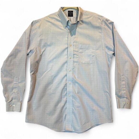 Brooks Brothers Non-Iron Supima Cotton Dress Shirt Blue Windowpane 16.5 34/35 - Picture 1 of 8